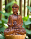 Meditating Buddha Statue Mahogany Wood Buddhist Decor 16 x 12 x 6 inches
