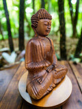 Meditating Buddha Statue Mahogany Wood Buddhist Decor 16 x 12 x 6 inches