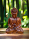Meditating Buddha Statue Mahogany Wood Buddhist Decor 16 x 12 x 6 inches