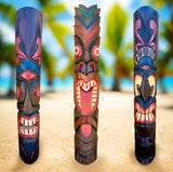 3 Set of Hand Carved Wooden Tiki Totem Masks Tropical Bar Patio Decor 39"x 6"in