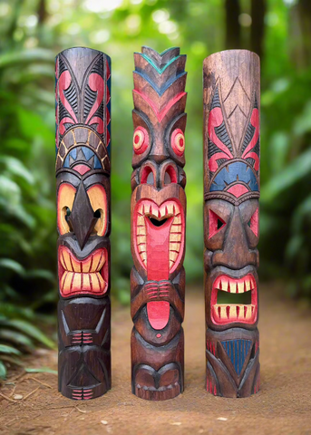 3 Set of Hand Carved Wooden Tiki Totem Masks Tropical Bar Patio Decor 39"x 6"in
