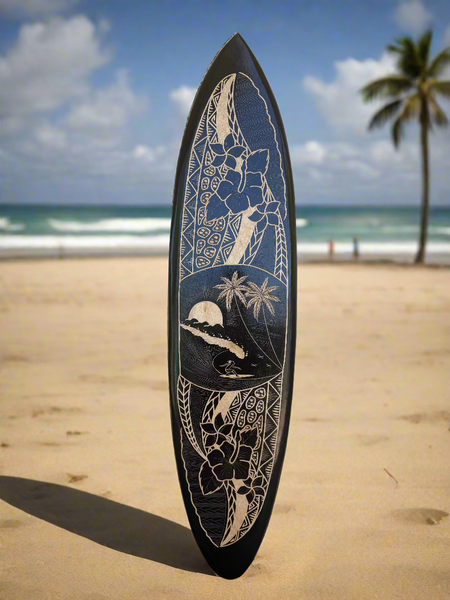 【Made in Hawaii】【希少】サーフアート 木製レリーフ 壁掛け Surfer and Hibiscus Tribal Surfboard Wood Carved Tropical Wall
