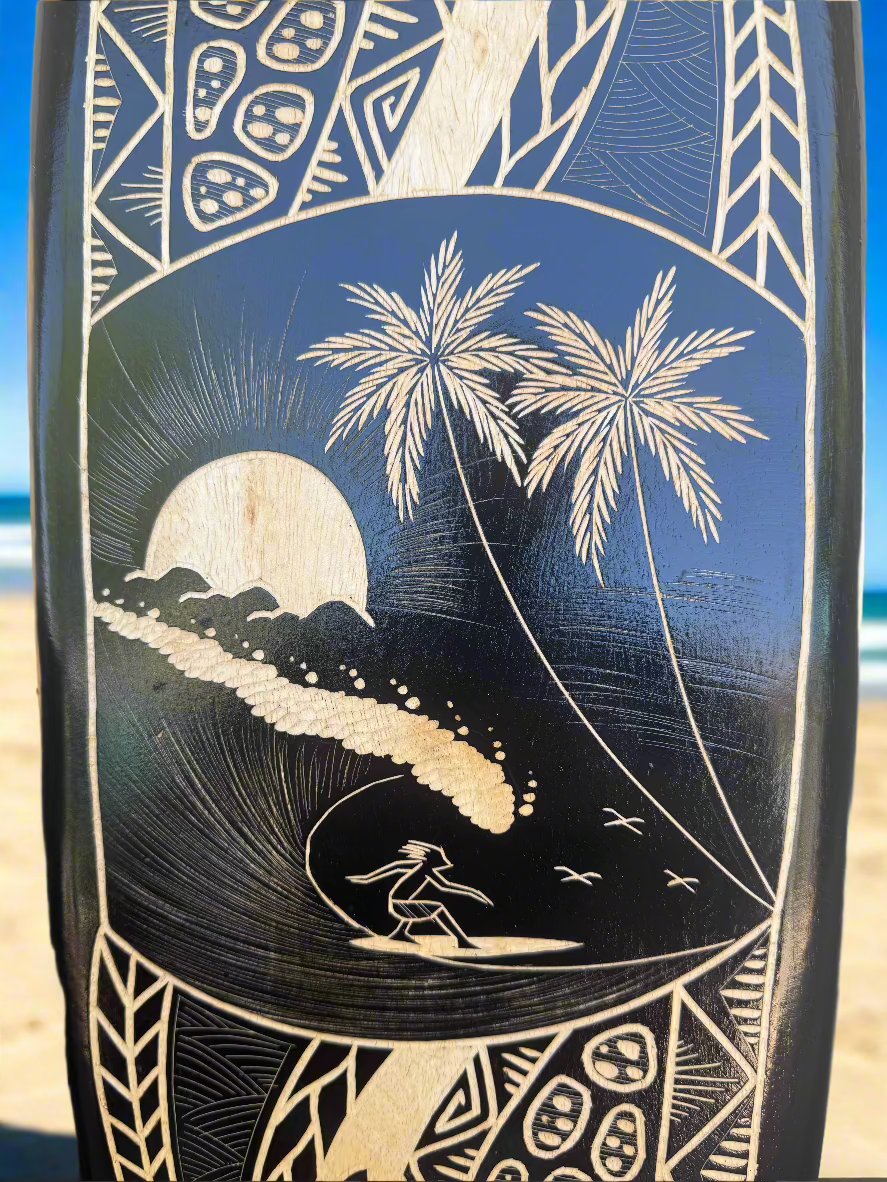 Surfer and Hibiscus Tribal Surfboard Wood Carved Tropical Wall Plaque Mango Wood 39"x 10"