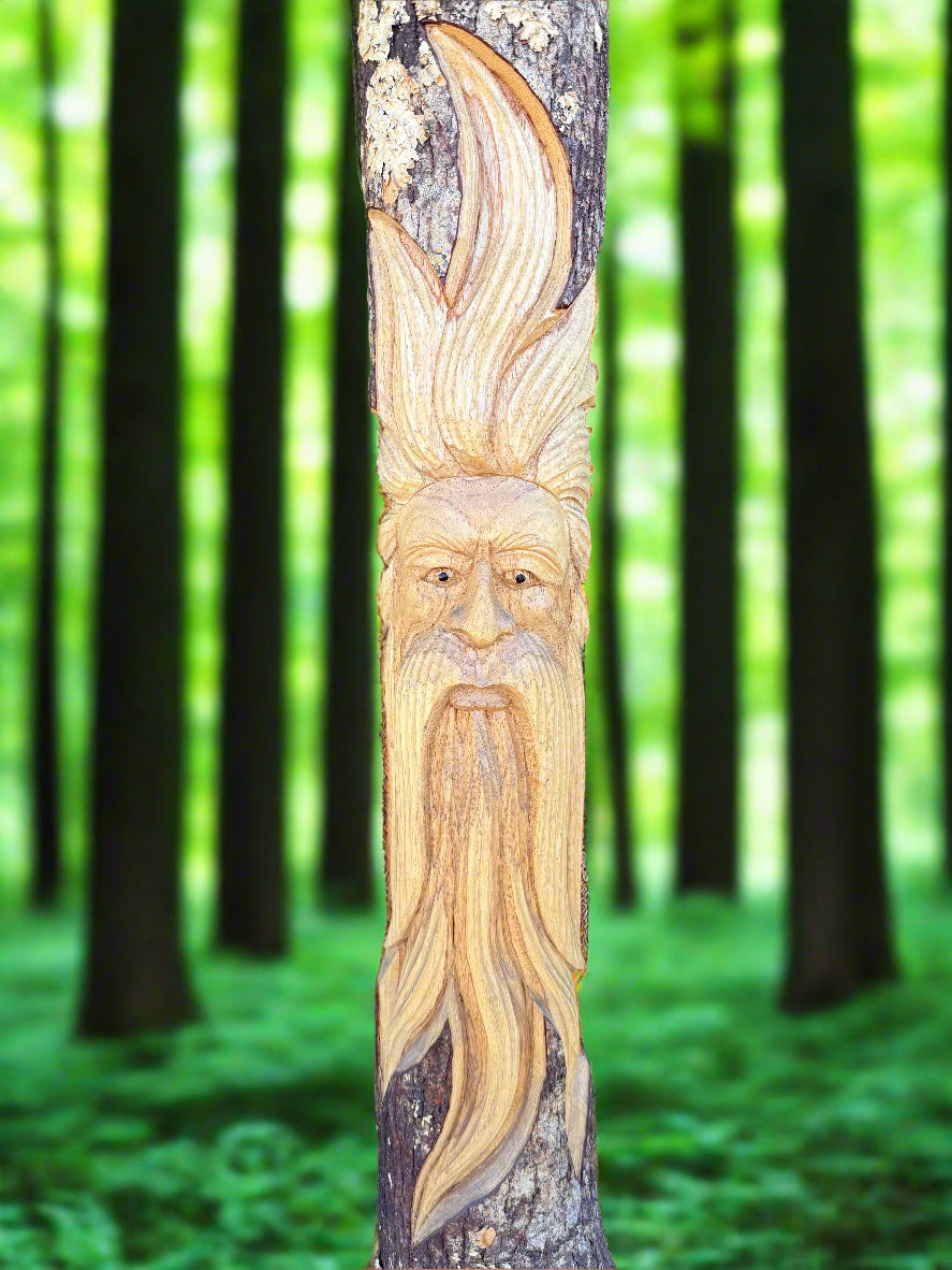 Tree Sprit Green Man Wizard Rustic Wood Carving Wall Art Sculpture 39"x 6" inch