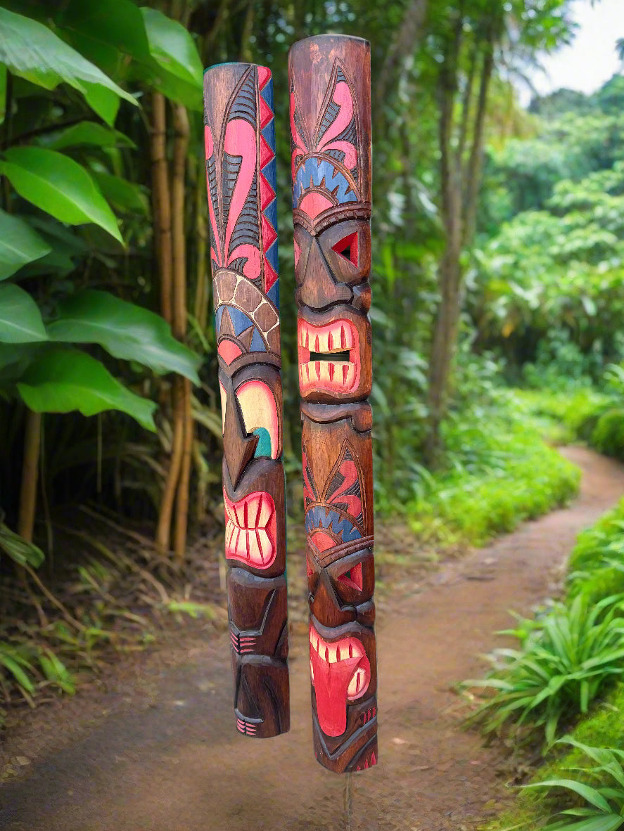 5 Foot Set of Hand Carved Wooden Tiki Masks Tropical Bar Patio Decor 60"x 7"in