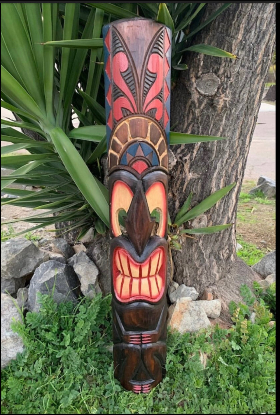 2 Set of Hand Carved Wooden Tiki Totem Masks Tropical Bar Patio Decor 39"x 6"