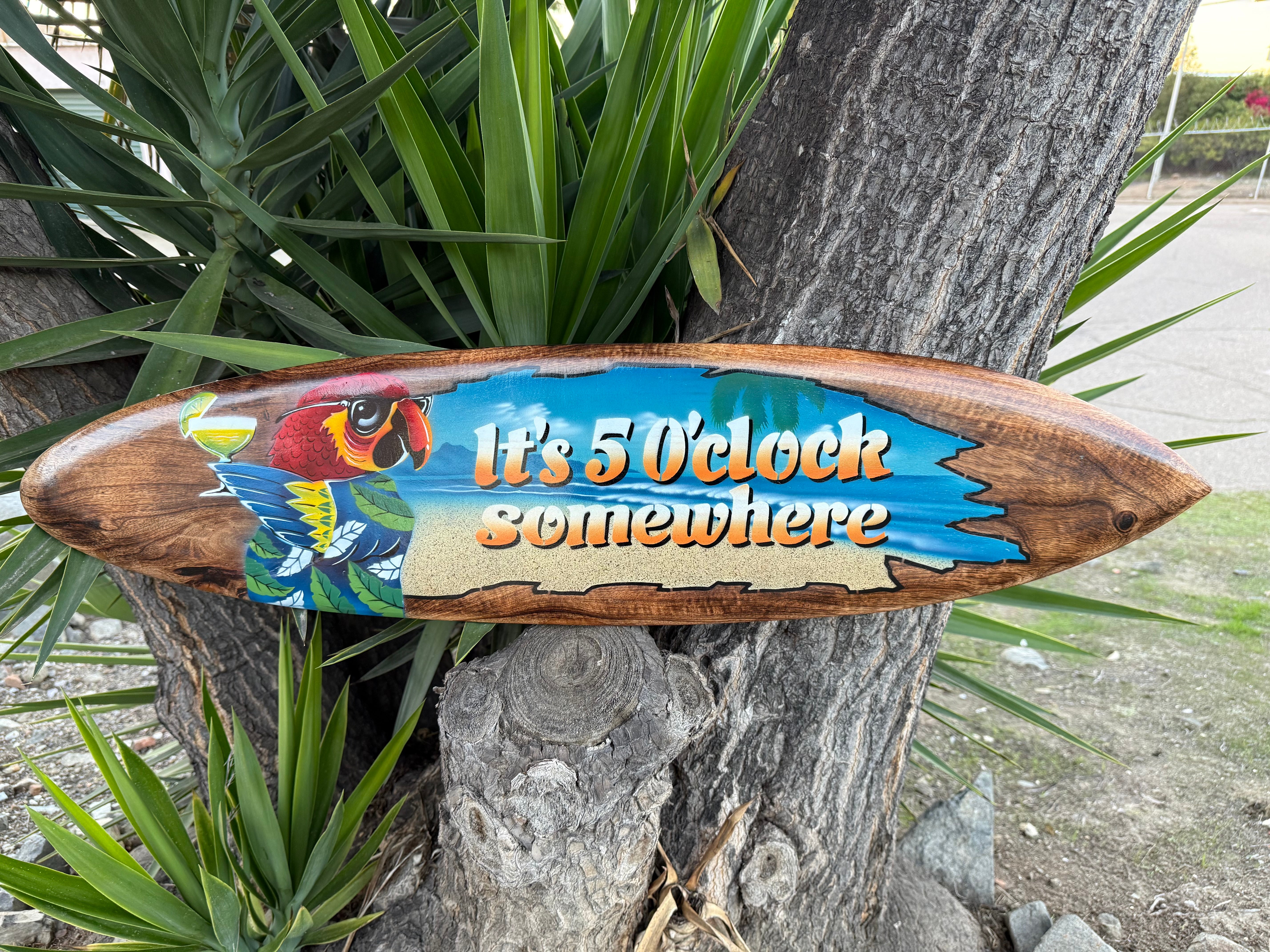It’s 5 0'clock Somewhere Drinking Parrot Airbrushed Surfboard Wall Plaque Mango Wood Tiki Bar  39"x 10"