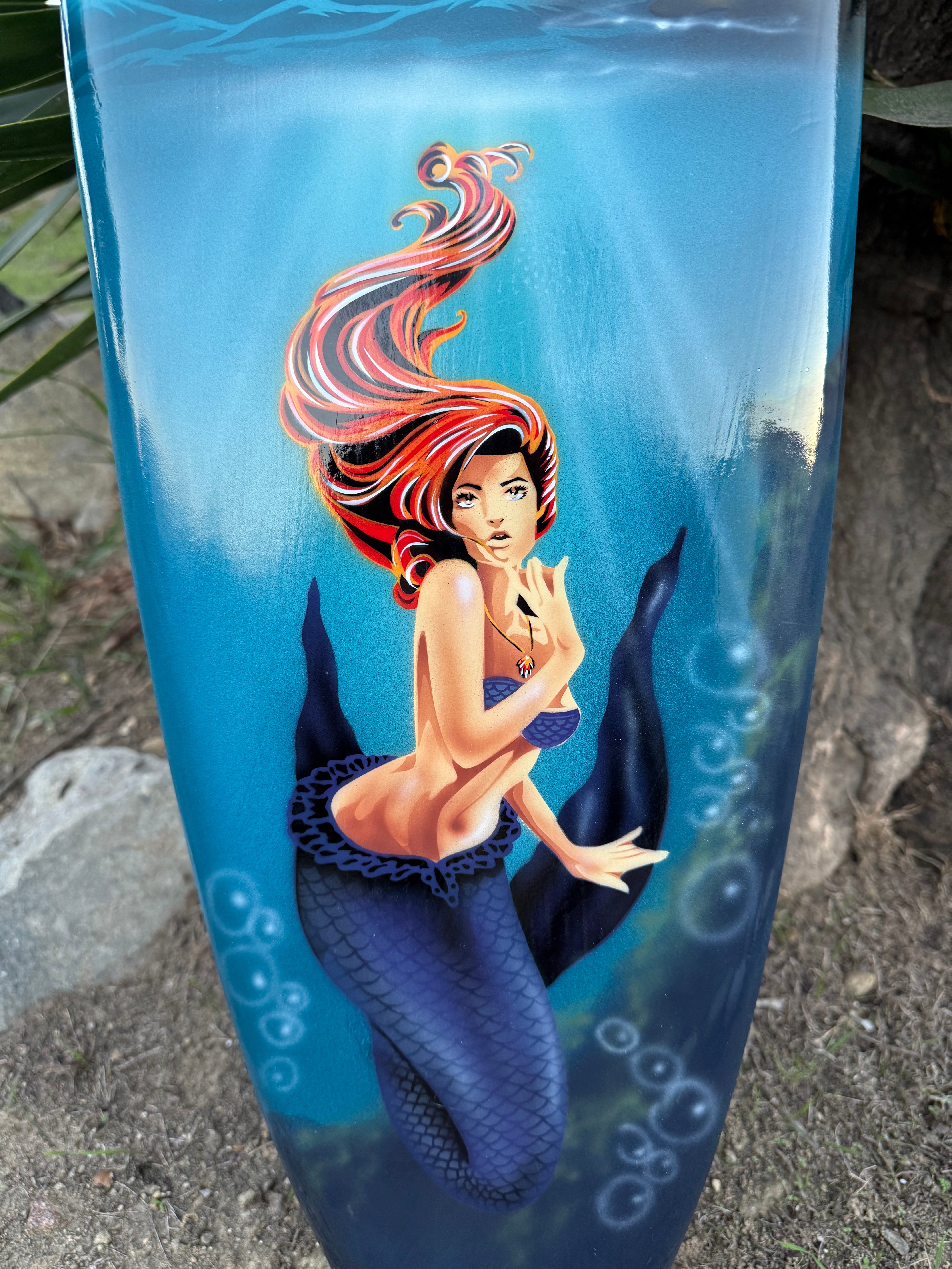 Mermaid Decorative Surfboard Wall Plaque Mango Wood Purple Sunset 39"x 10"