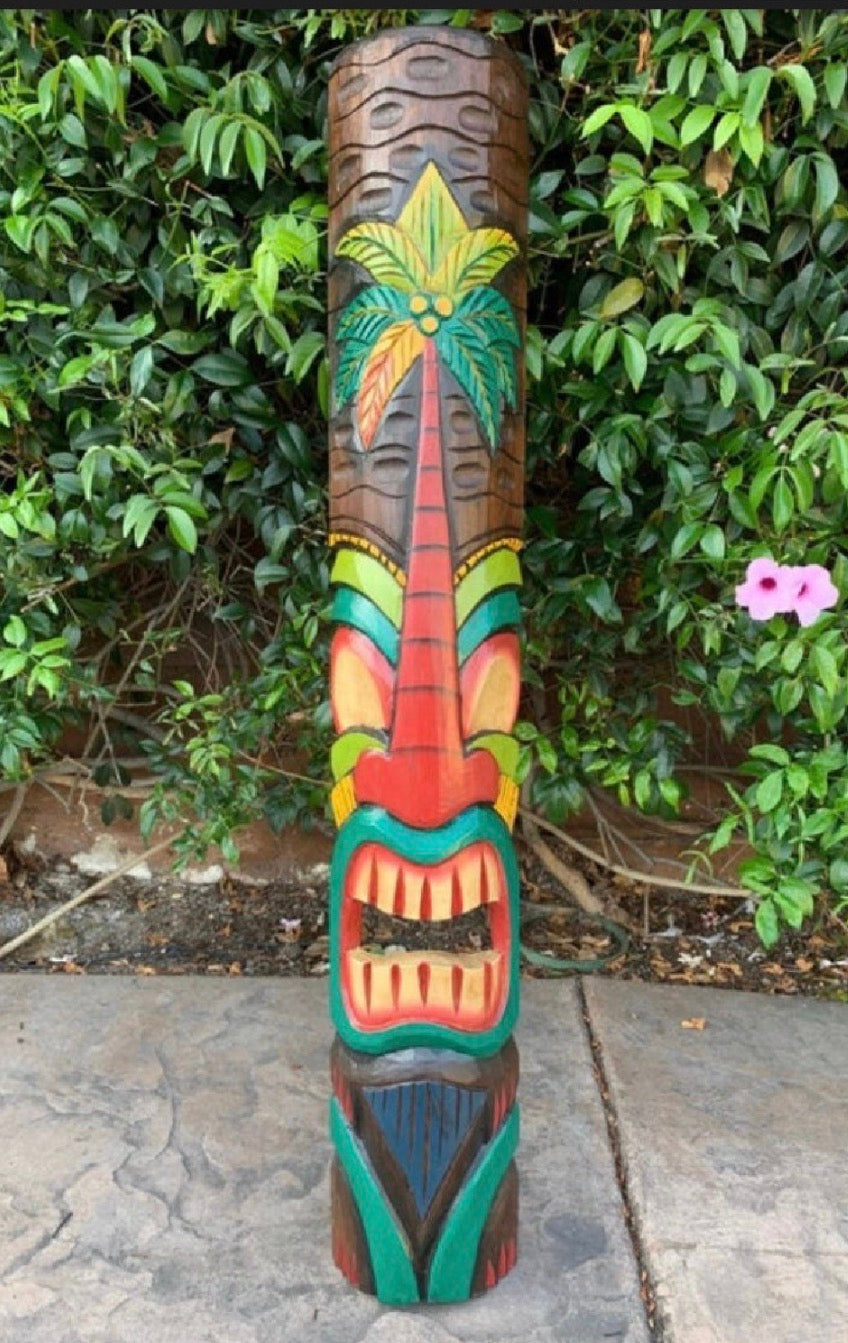 4 Set of Hand Carved Wooden Tiki Totem Masks Tropical Bar Patio Decor 39"x 6"in