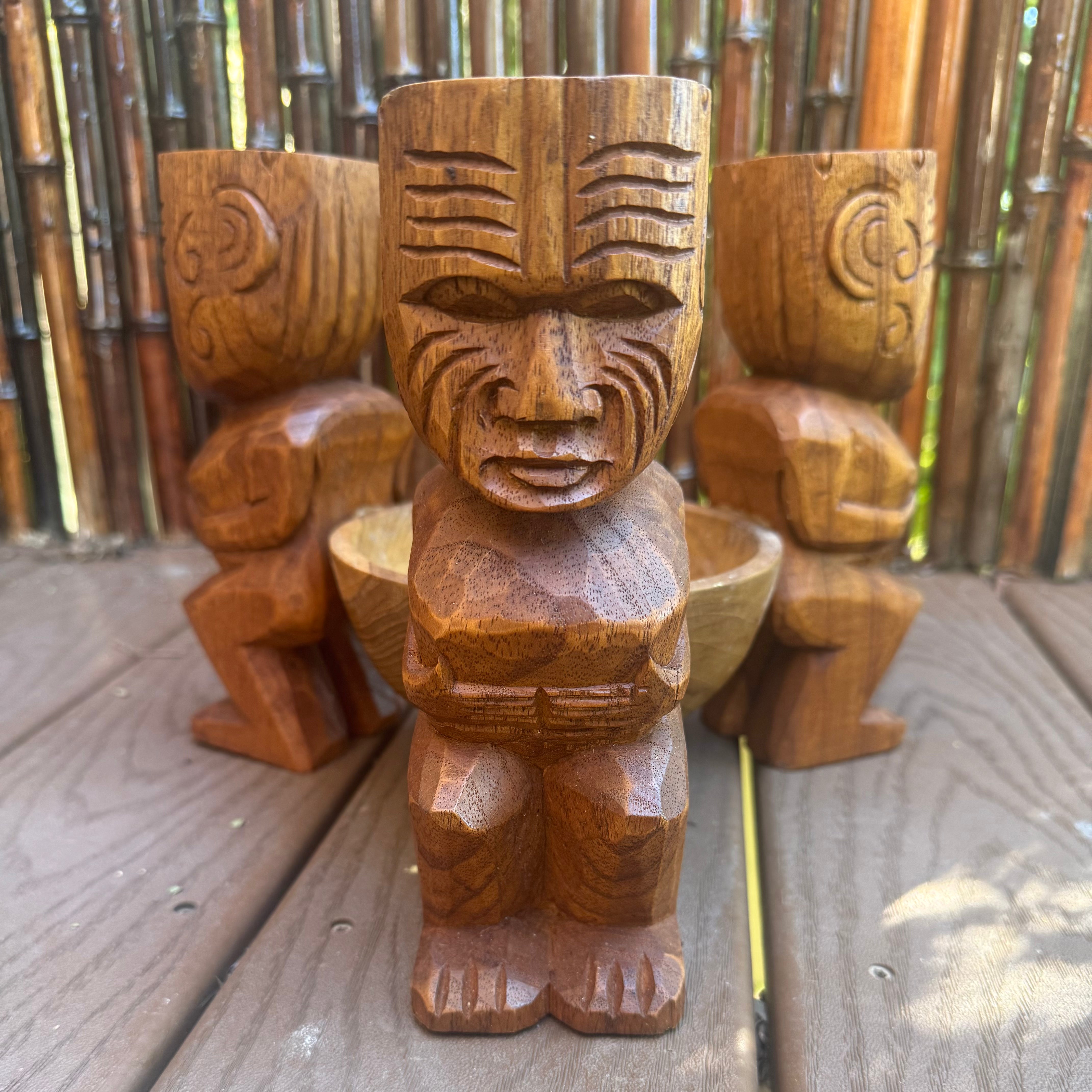 Wooden Maori Tiki Bowl Hand Carved Monkey Pod Wood  9x9x8 in