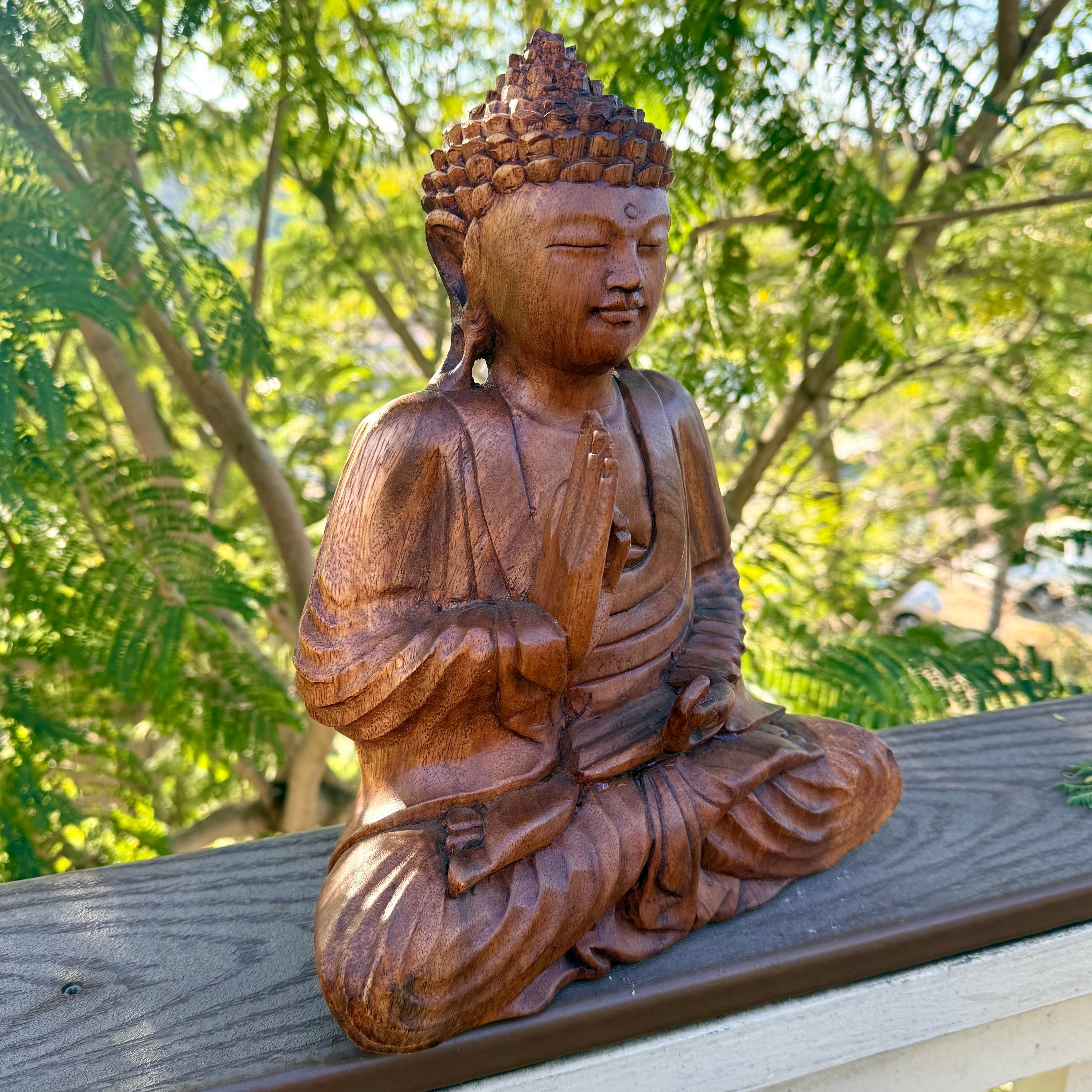 Buddha Statue Meditating Gyan Mudra Mahogany Wood Buddhist Decor 12 x 10 x 5 inches