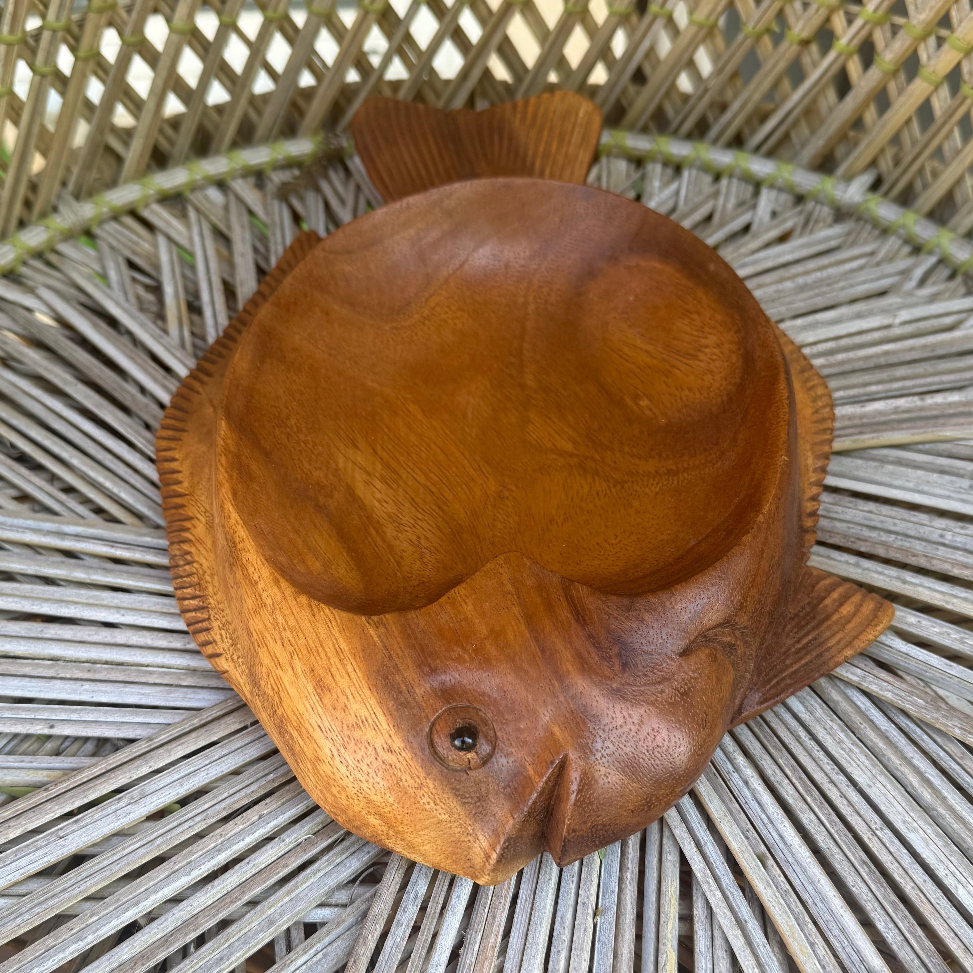 Tropical Fish Wooden Decorative  Bowl Hand-Carved Monkey Pod 12 x 8 in.