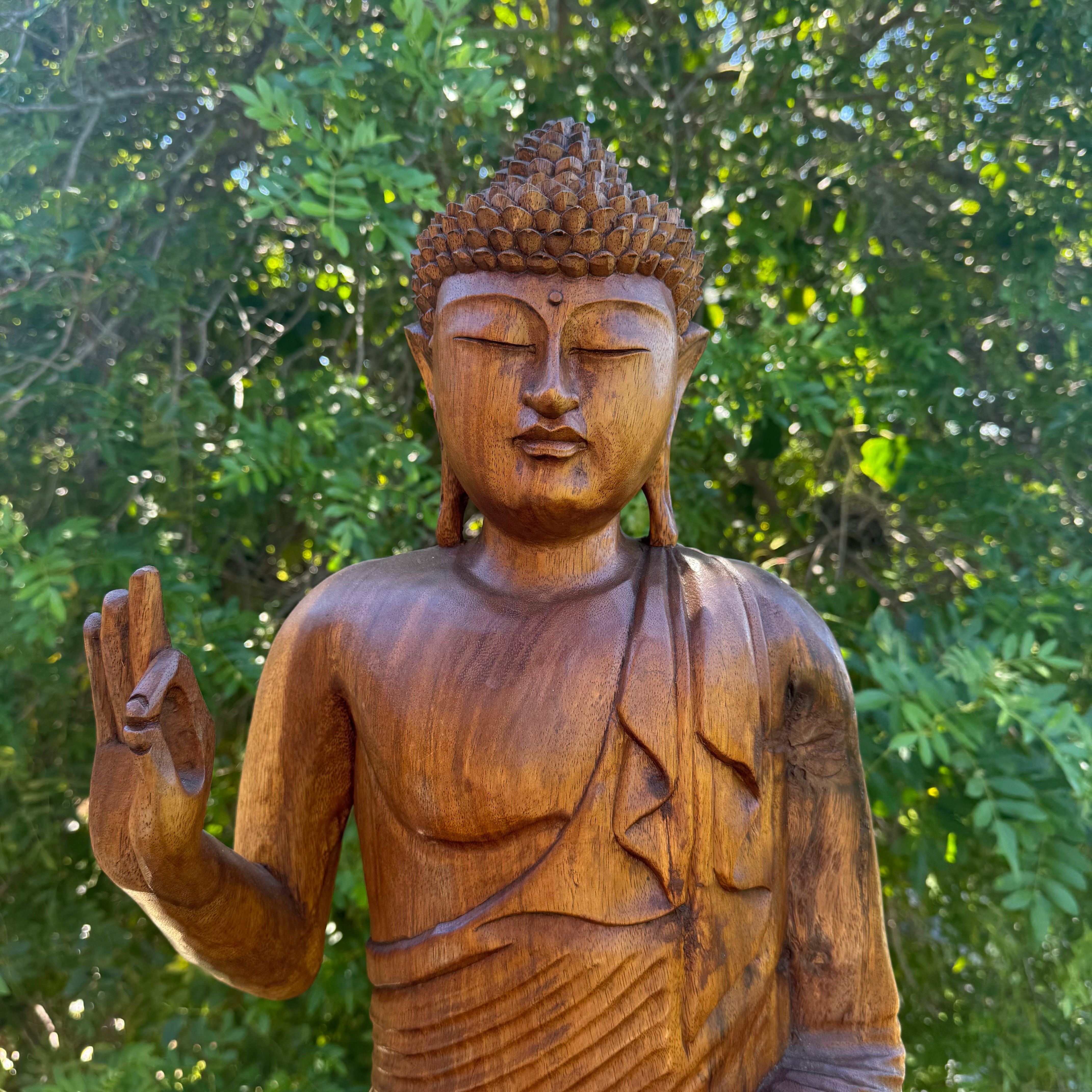 Buddha Statue Meditating Gyan Mudra Mahogany Wood Buddhist Decor 24 x 16 x 7 inches