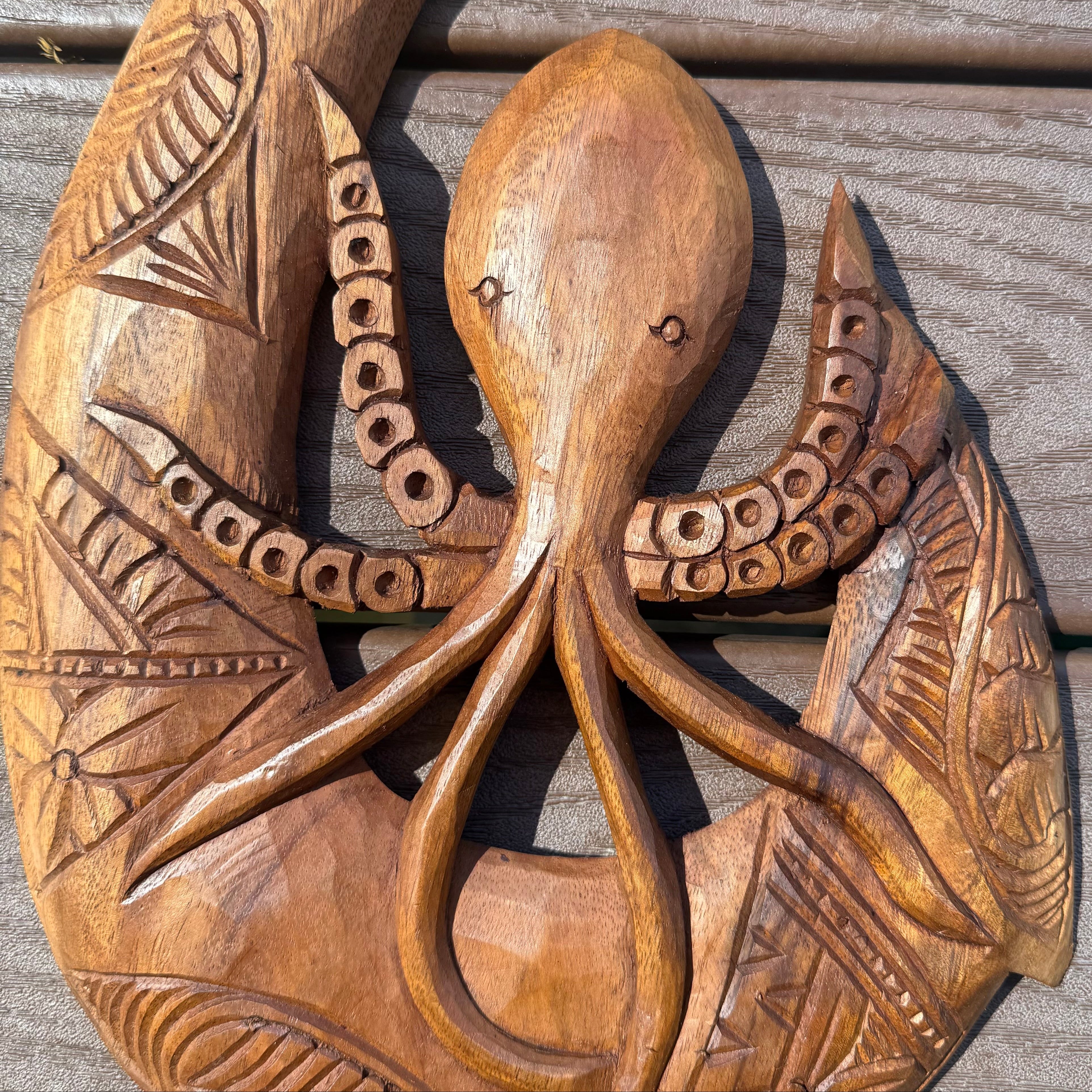 Hawaiian Fish Hook Makau Octopus Hand-Carved Wood Hanging Polynesian Decor 16