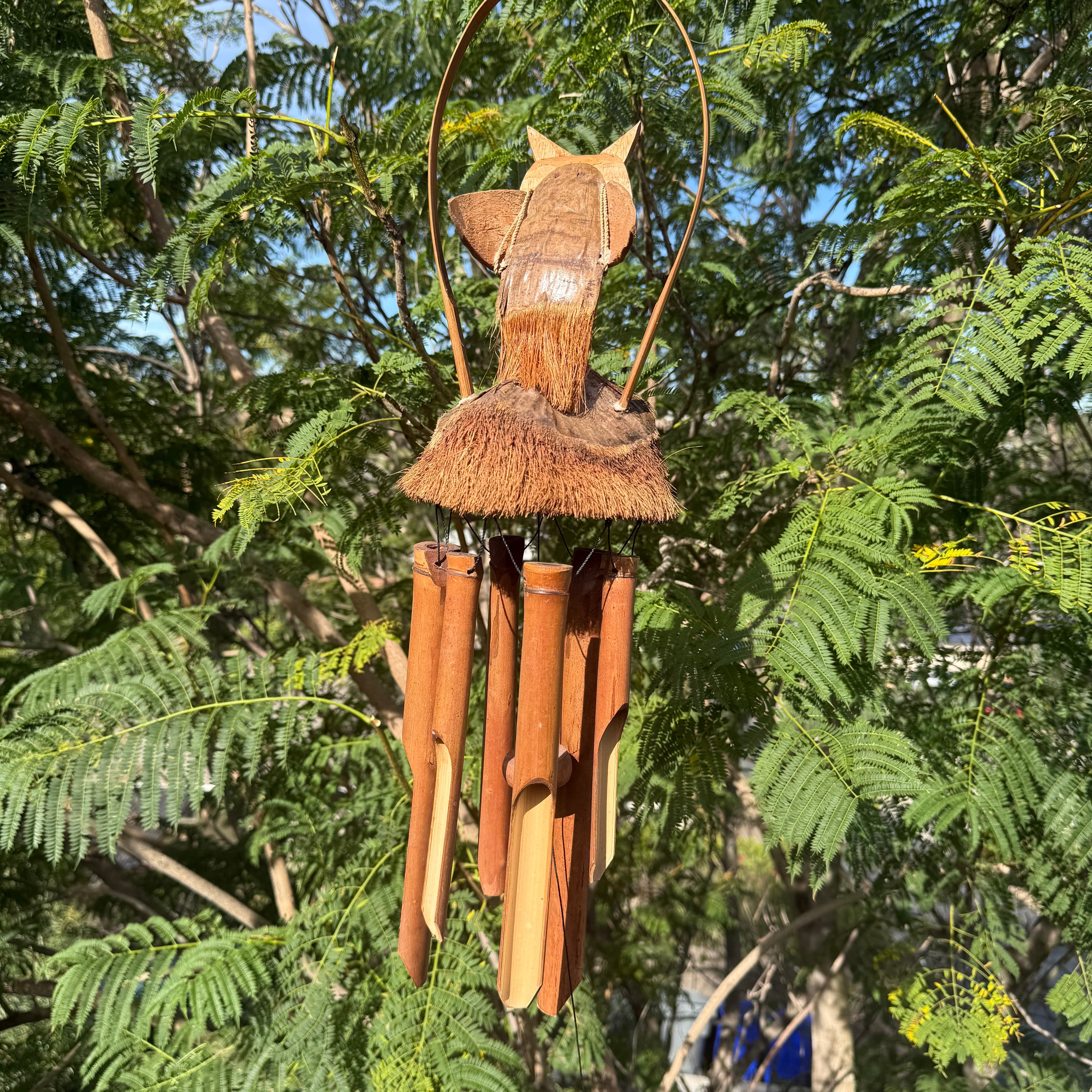 Owl & Bamboo Wind Chime, Handcrafted Recycled Coconut, Eco