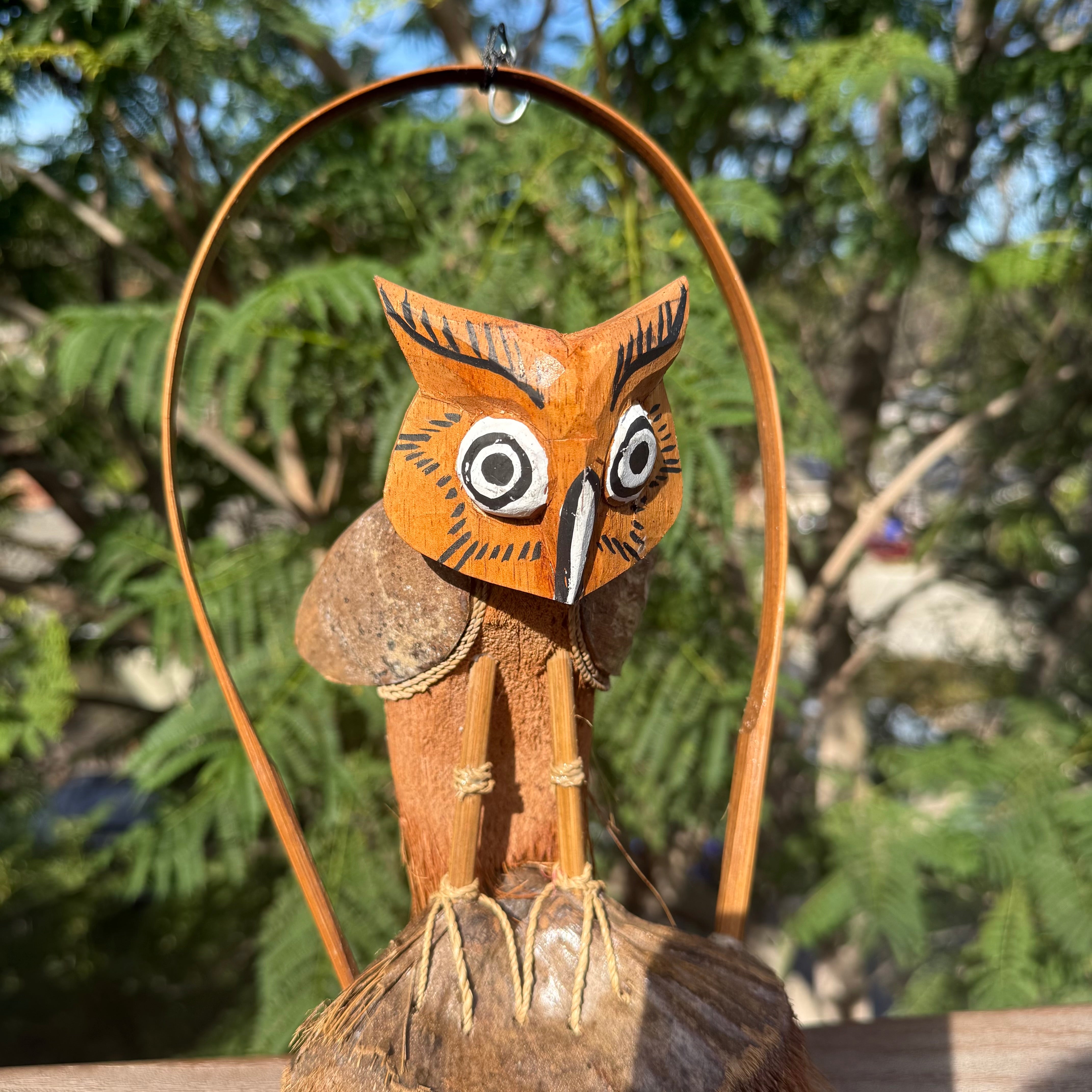 Owl & Bamboo Wind Chime, Handcrafted Recycled Coconut, Eco