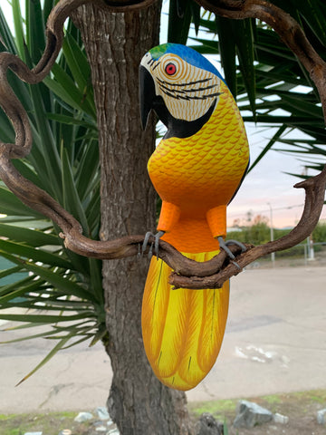Blue and Yellow Parrot Hand-crafted Wooden hanging Statue 16"in. Head to Tail