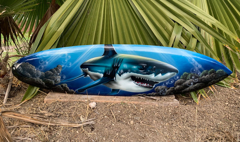 Great White Shark Airbrushed Decorative Surfboard Wall Plaque Mango Wood Coastal Decor 39"x 10"