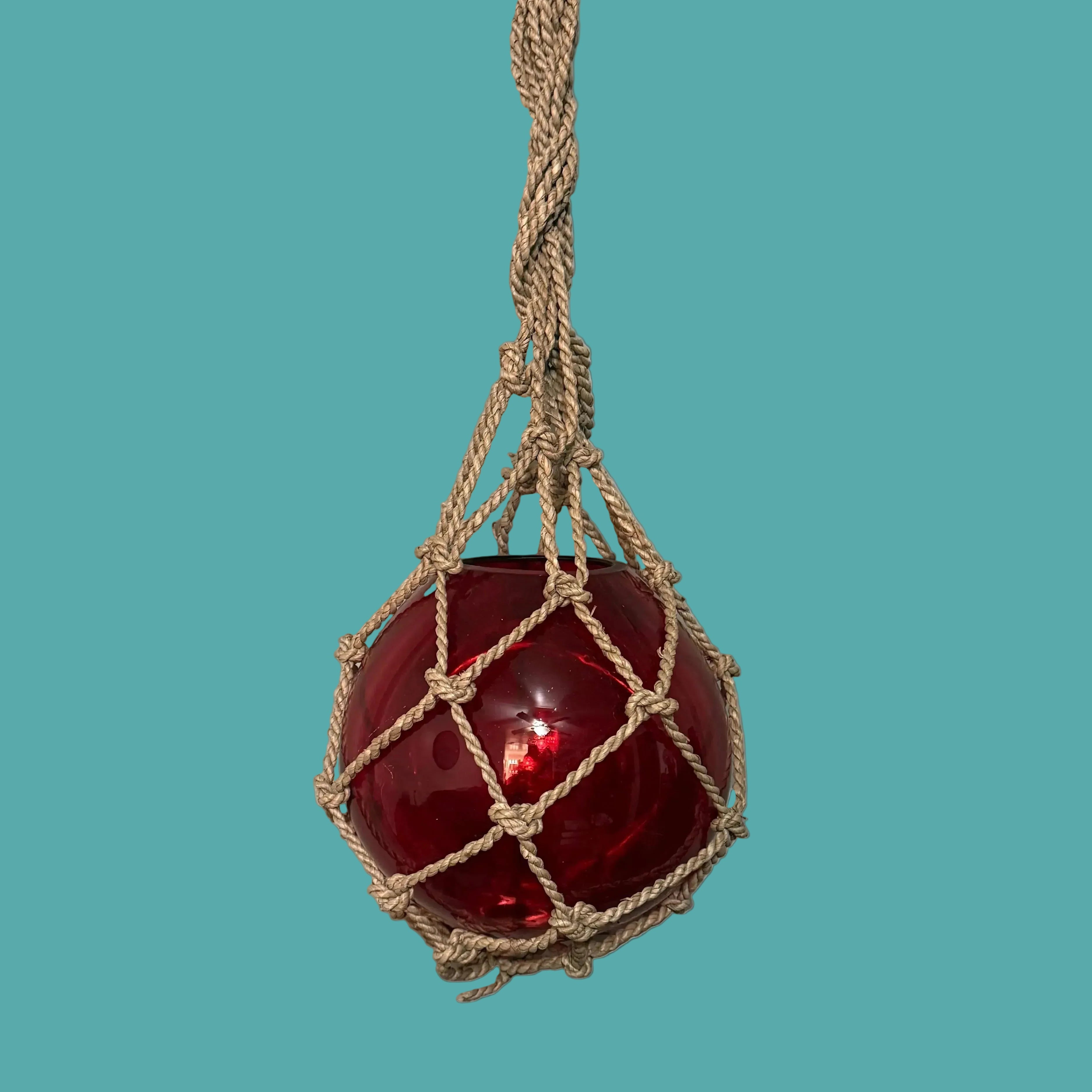 Nautical Red Glass Fishing Float With Sea Grass Netting 8