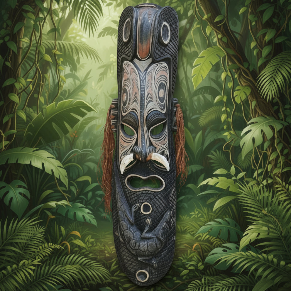 Papua New Guinea Authentic Sepik River Boar Tusks Tribal Mask 36