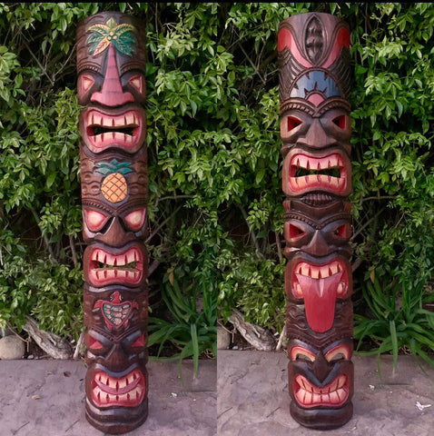 2 Set of 3 Face Tiki Totem Masks Hand Carved Tropical Bar Patio Decor 39"x 6"in
