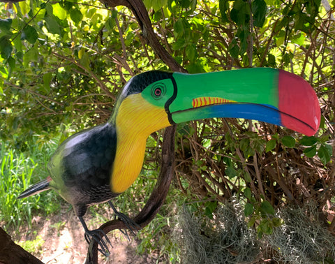 Black and Yellow Toucan Handcrafted Wood Hanging Bird Statue  20"in Beak to Tail