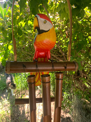 Colorful Parrot Tropical Wooden Bird Bamboo Wind chime Tiki Bar tropical Decor 23" x 10"