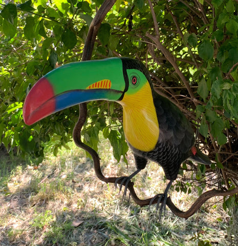 Black and Yellow Toucan Handcrafted Wood Hanging Bird Statue  16"in Beak to Tail