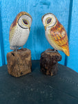 Hand-crafted Wooden Owls on Drift Wood, Set of 2, Bird Figurines  6.5" inches