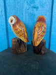 Hand-crafted Wooden Owls on Drift Wood, Set of 2, Bird Figurines  6.5" inches