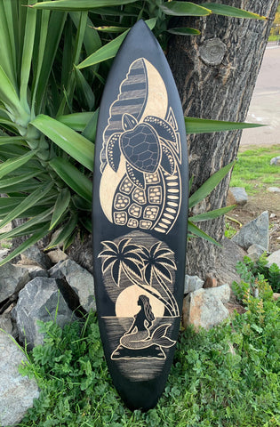 Mermaid Moonlight and Tribal Sea Turtle Decorative Surfboard Wall Plaque Mango Wood Coastal Decor 39"x 10"