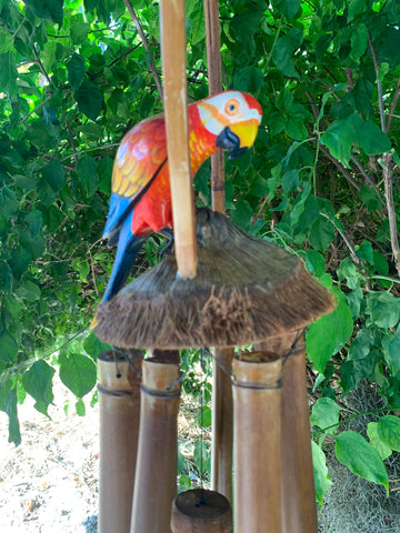 Red Parrot Tropical Wooden Bird Bamboo Wind chime Tiki Bar tropical Decor 23" x 10"