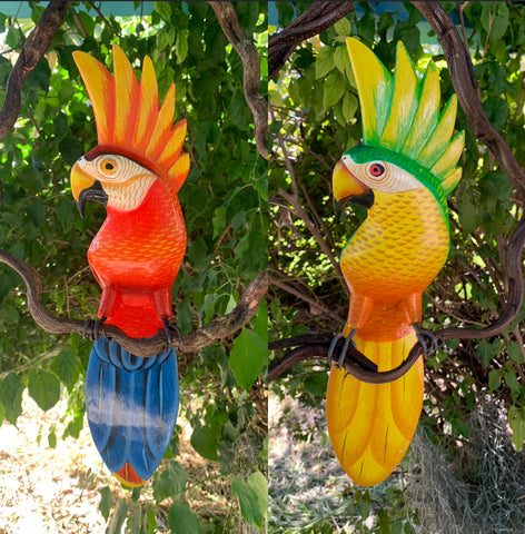 Set of 2 Green and Red Hand-crafted Wooden hanging cockatoo bird Statues 12" head to tail