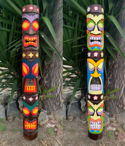 Set of 2 Colorful Tiki Totem Wood Masks Tropical Patio Bar Decor  60"x 7"