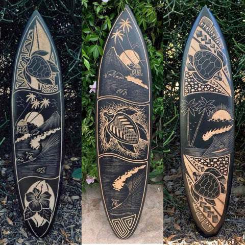 3 Set of Tribal Decorative Surfer Surfboard Wall Plaques Hibiscus Sea Turtle tropical Island 39"x 10"