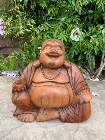 Happy Laughing Lucky Buddha Statue Mahogany Wood Hand Carved 13"x 12"x 6"