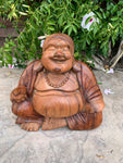 Happy Laughing Lucky Buddha Statue Mahogany Wood Hand Carved 13"x 12"x 6"