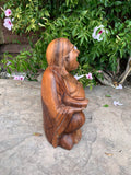 Happy Laughing Lucky Buddha Statue Mahogany Wood Hand Carved 13"x 12"x 6"