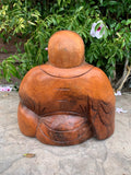 Happy Laughing Lucky Buddha Statue Mahogany Wood Hand Carved 13"x 12"x 6"