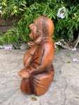 Happy Laughing Lucky Buddha Statue Mahogany Wood Hand Carved 13"x 12"x 6"