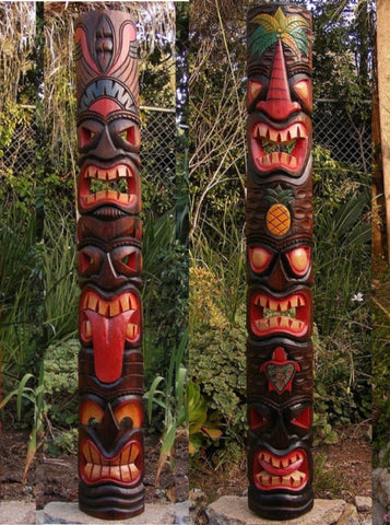 5 Foot Set of Hand Carved Wooden Tiki Totem Masks Tropical Bar Patio Decor 60"x 7"in