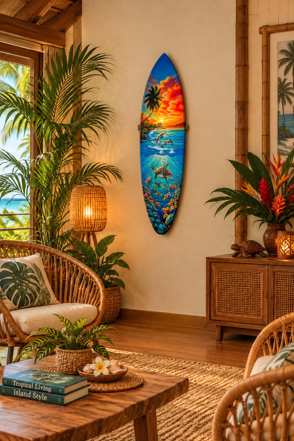 Tropical Ocean Sea Turtle Dolphin  Airbrushed Mango Wood Decorative Surfboard Plaque 39"