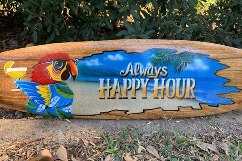 Always Happy Hour Drinking Parrot Airbrushed Surfboard Wall Plaque Tiki Bar  39"x 10"