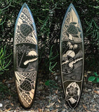 2 Set of Tropical Island, Surfer, Habiscus, and Sea Turtle Tribal Surfboard Wood Carvings Wall Plaque 39"x 10"