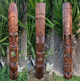 3 Set Hand Carved Hawaiian Style Tiki Totem Wooden Masks 60"x 6-7"in