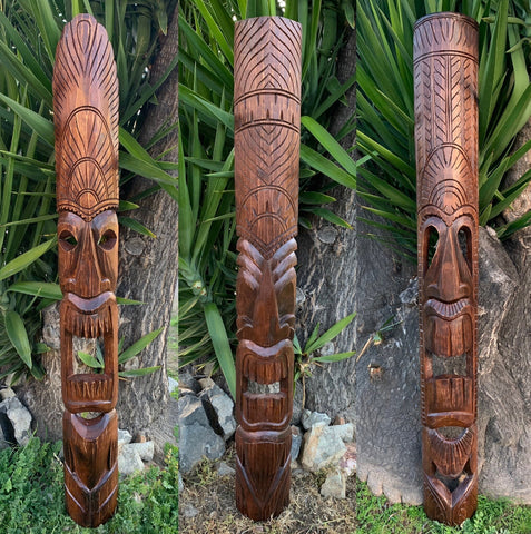 3 Set Hand Carved Hawaiian Style Tiki Totem Wooden Masks 60"x 6-7"in