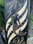 Mermaid and Hibiscus Decorative Surfboard Wall Plaque Mango Wood Coastal Decor 39"x 10"