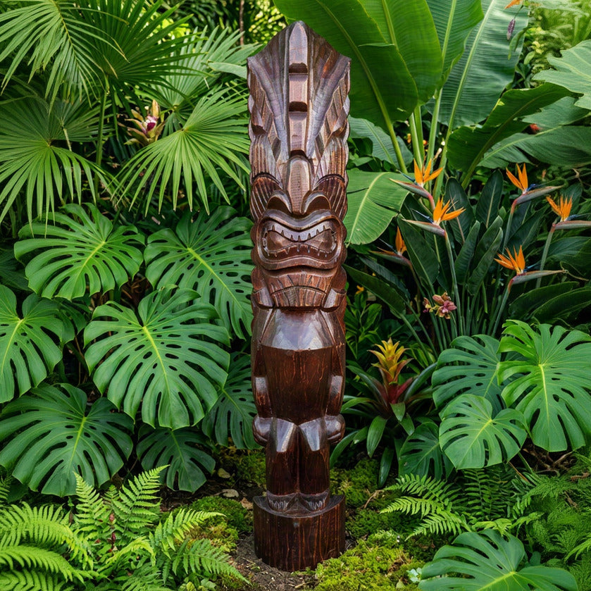 Kanaloa, Lono, & Ku Hawaiian Tiki Half Statues Set Of 3, Tropical Home Decor 39"x 7"