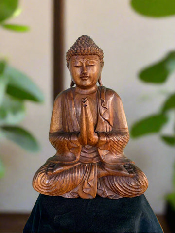 Meditating Buddha Statue Mahogany Wood Buddhist Decor 20 x 15 x 6 inches