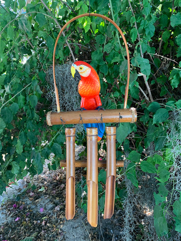 Scarlett Macaw Parrot Tropical Wooden Bird Bamboo Wind chime Tiki Bar tropical Decor 23" x 10"